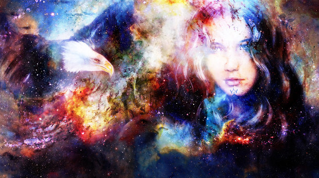 Goodnes woman and eagles. Cosmic Space background.