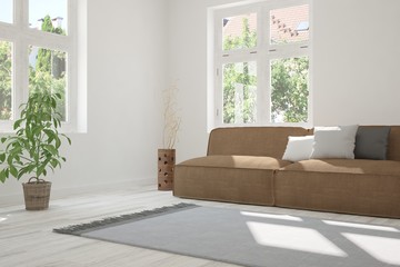 Idea of white room with sofa and summer landscape in window. Scandinavian interior design. 3D illustration