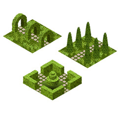 Garden isometric tile set. Asset with various bushes and grass to create topiary garden scenes