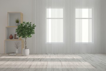 White empty room with green flower. Scandinavian interior design. 3D illustration