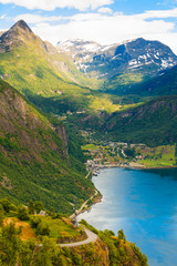 Fototapeta na wymiar Geirangerfjord and Geiranger village in Norway