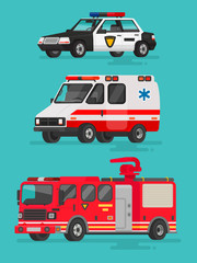 Set of emergency vehicles. Police car, ambulance and fire truck