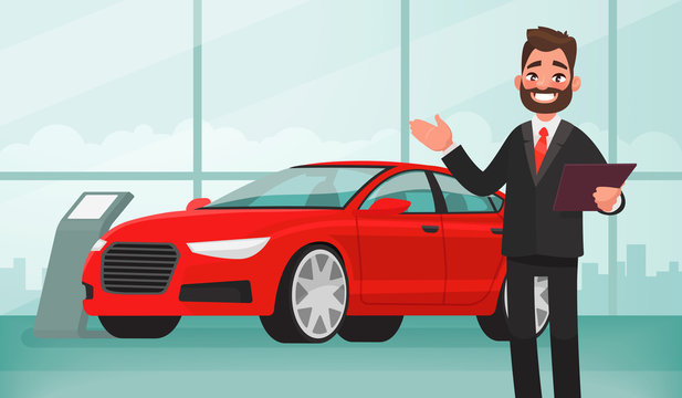 Sale of a new car. The seller at the car showroom shows the vehicle. Vector illustration