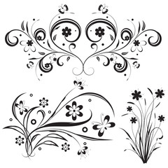 Flower and leaves vector swirl line design,floral swirl illustration set