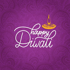 Diwali festival poster with hand lettering. Vector lamp illustration for Indian holiday greeting or invitation card.