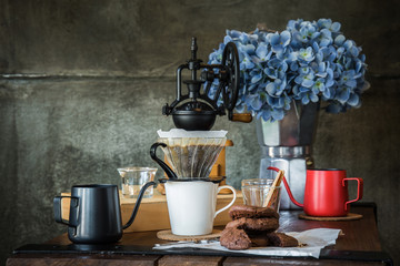 breakfast with coffee dripping in the morning. Still life photograph.