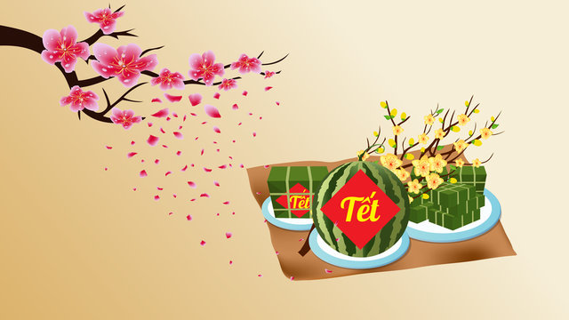 Cooked square glutinous rice cake and blossom, wallpapers. Vietnamese new year. (Translation "Tết": Lunar new year)