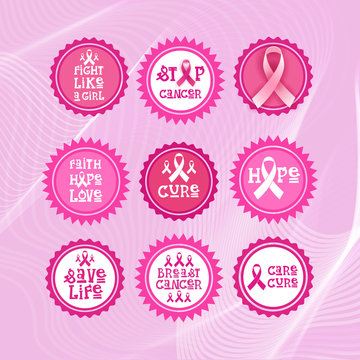 Pink Ribbon Breast Cancer Awareness Icons Set Isolated Flat Vector Illustration