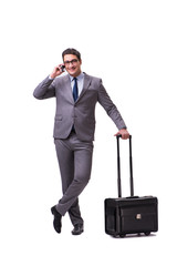 Young man during business travel isolated on white