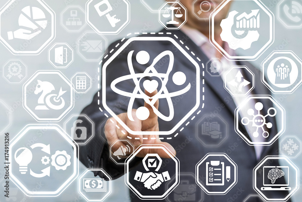 Poster core values business concept. businessman using virtual touchscreen with atom heart button.