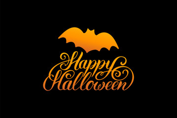 Bat vector illustration with Happy Halloween lettering. Party invitation card. All Saints Eve background.