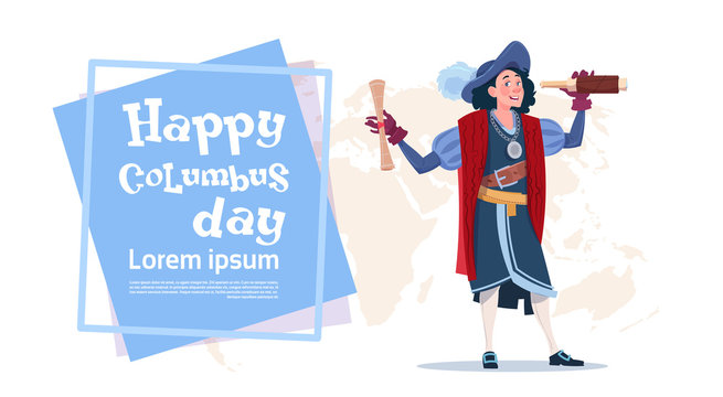 Happy Columbus Day American Discovery Holiday Poster Greeting Card Flat Vector Illustration