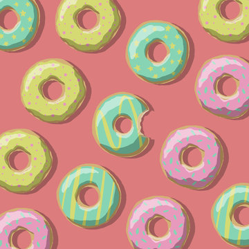 Illustration of sweet donuts of yellow, pink and green on a red background