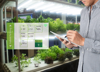smart agriculture in futuristic concept, farmer use technology to monitor, control and adjustment led, atmosphere,humidity, water level and keep tracking harvesting time in vertical or indoor farming