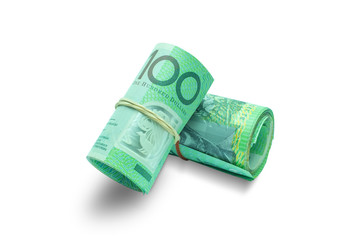 Rolled Australian banknotes isolated on white background with clipping path.