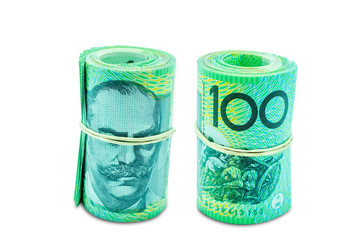 Rolled Australian banknotes isolated on white background with clipping path.
