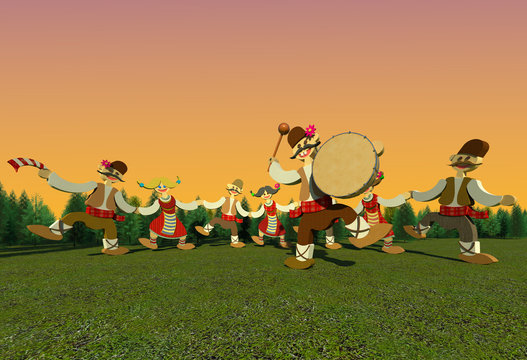Traditional Bulgarian folk dance with drummer 3D illustration 3. Collection.