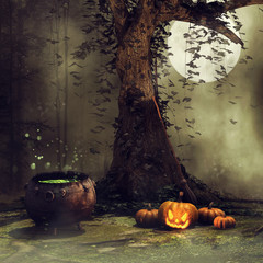 Nocna sceneria ze starym drzewem, kotłem czarownicy i dyniami na Halloween - obrazy, fototapety, plakaty