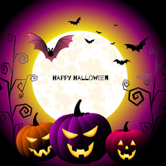 Halloween background. Festive vector illustration. Pumpkin. Bat. Full moon. Purple. Fear. Dark.
