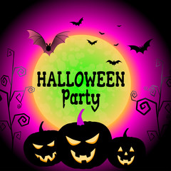 Halloween party. Festive vector illustration. Pumpkin. Bat. Full moon. Purple background. Fear. Dark.