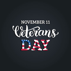 Obraz premium Happy Veterans Day lettering with USA flag vector illustration. November 11 holiday background. Celebration poster.