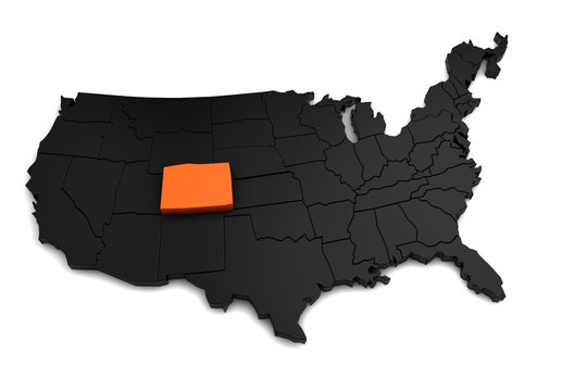 United States of America, 3d black map, with Colorado state highlighted in orange. 3d render