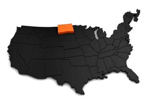 United States of America, 3d black map, with North Dakota state highlighted in orange. 3d render