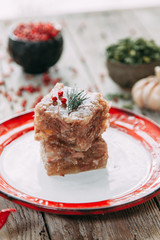 aspic with horseradish and bread slices on wooden background
