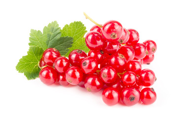 Red currant berries with leaf isolated on white background