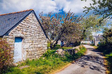 Fototapeta na wymiar Street view of beautiful village of Rostudel former fishing village, Parc naturel regional d'Armorique. Finistere department, Camaret-sur-Mer. Brittany (Bretagne), France.