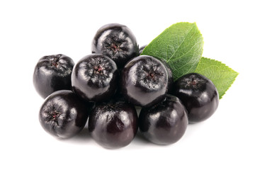 Chokeberry with leaf isolated on white background. Black aronia berries