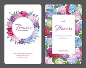 Colorful hydrangea flower and lavender on white background. Vector set of blooming floral for wedding invitations and greeting card design.