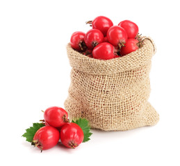 Hawthorn berry with leaf in burlap bag isolated on white background close-up