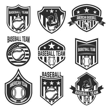 Set of baseball team emblems on white background.