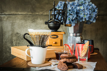 breakfast with coffee dripping in the morning. Still life photograph.