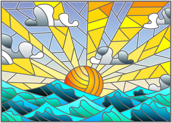 Naklejki  Ilustracja w stylu witrażu z morskim krajobrazem, morzem, chmurą, niebem i słońcem