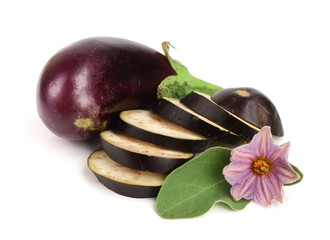 sliced eggplant or aubergine vegetable with flower isolated on white background