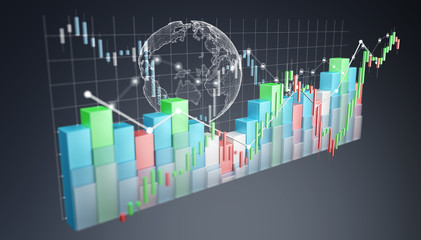 Digital 3D rendered stock exchange stats and charts