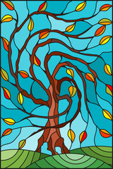 Naklejki  Illustration in stained glass style with autumn willow tree on sky background 