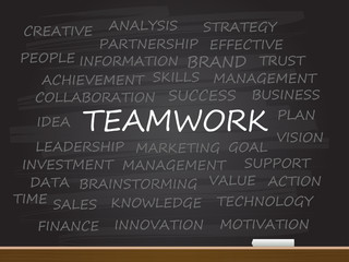 Teamwork word on chalk board with business concept.