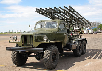 Katyusha multiple rocket launcher from the World War II at retro military exhibition