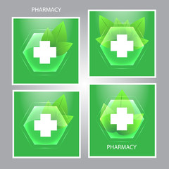 Medicine sign. Medical cross and green leaves emblem. Symbol healthy. Healthcare icon. Vector illustration.