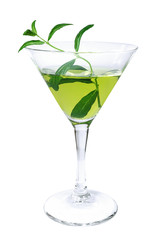 A martini glass with a sprig of fresh mint