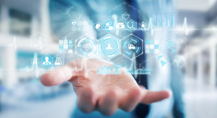 Businessman using digital medical interface 3D rendering
