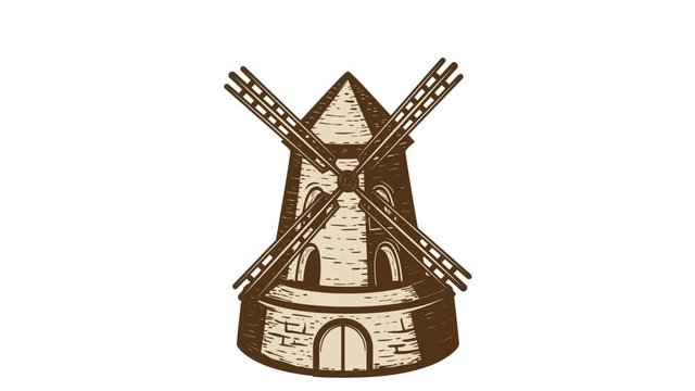 Animation of vintage style windmill. Design element for bakery, etc.