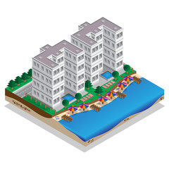 Resort on the shore. Beach. Isometric. Vector illustration.