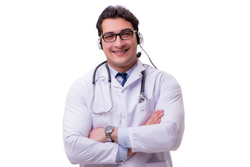Young doctor with phone headset isolated on white