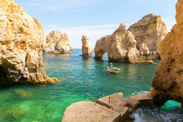 beautiful cliff Ponta da Piedade in Lagos, Algarve, Portugal - obrazy, fototapety, plakaty