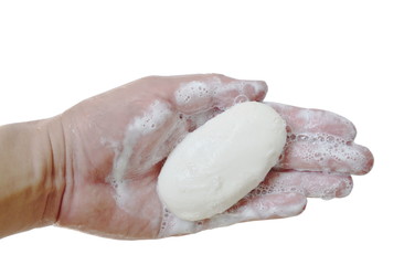 soap and bubble on hand in white background