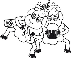team paar 2 freunde betrunken party bier trinken saufen oktoberfest durstig krug glas müde lamm baby lustig klein süß niedlich comic cartoon schaf ziege wolle bauer bock müde cool